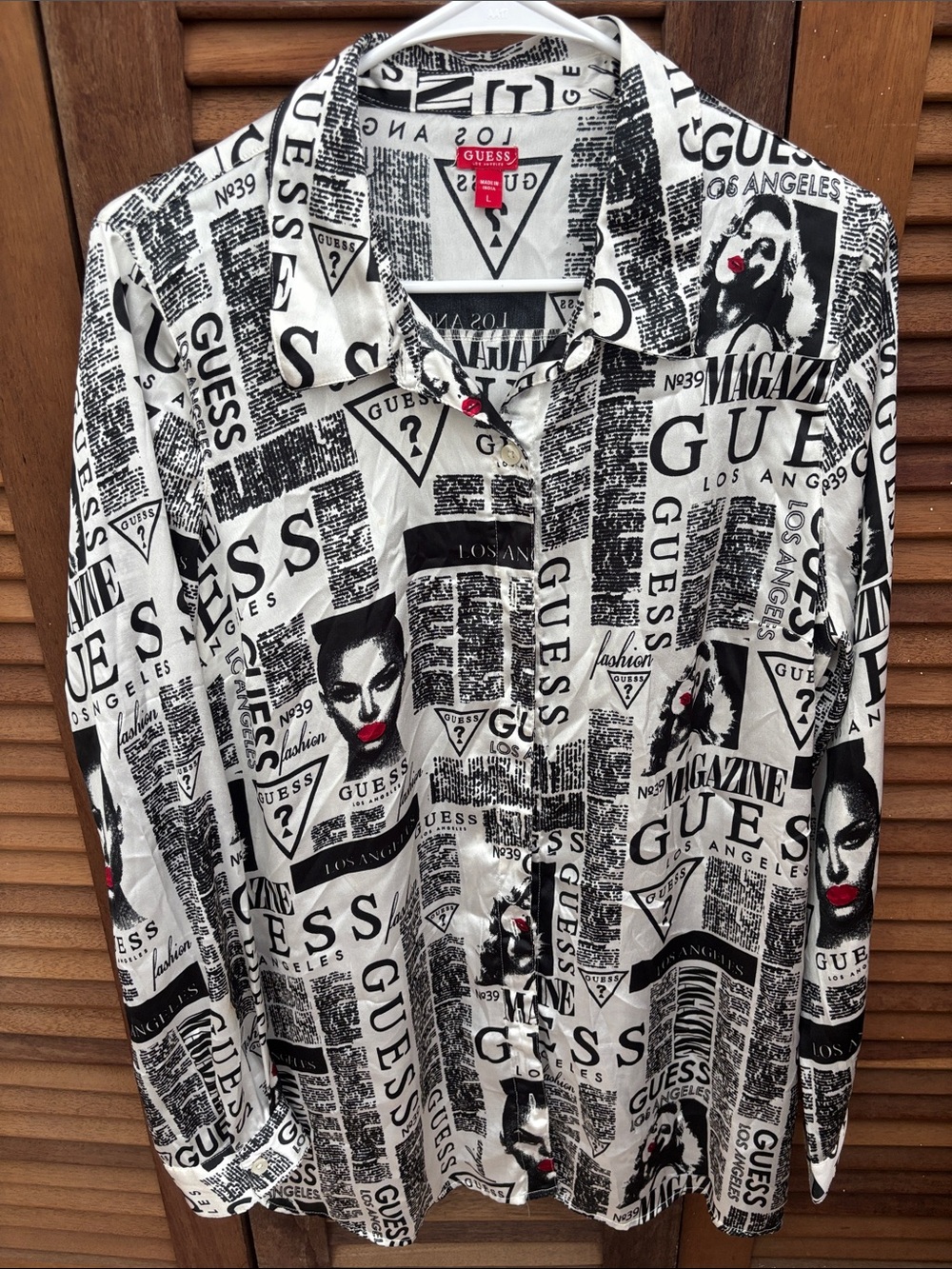 GUESS Black & White Graphic Newsprint Button-Down Shirt with Red Accents